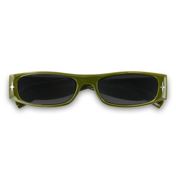 Green sunglasses with black lenses on a white background