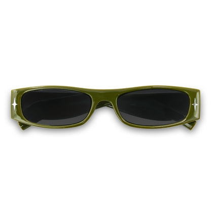 Green sunglasses with black lenses on a white background