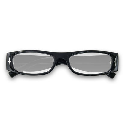 Black eyeglasses with silver accents on a white background