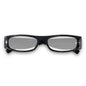 Black eyeglasses with silver accents on a white background