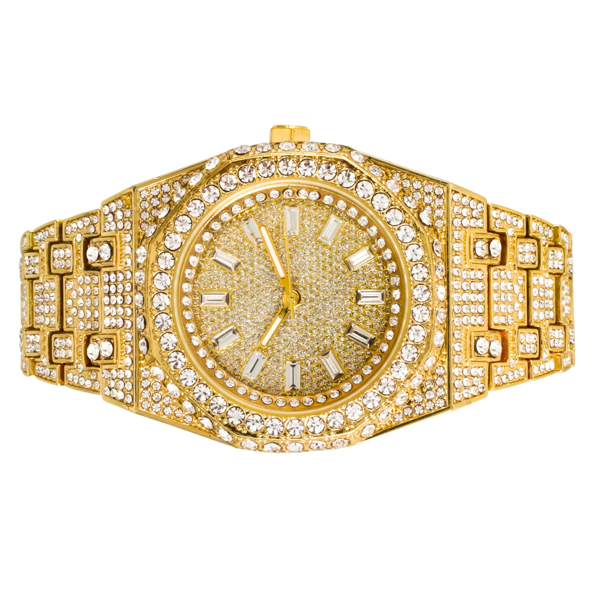 Men's Round Baguette Dial Watch 43mm Gold - "Fully Iced Band"