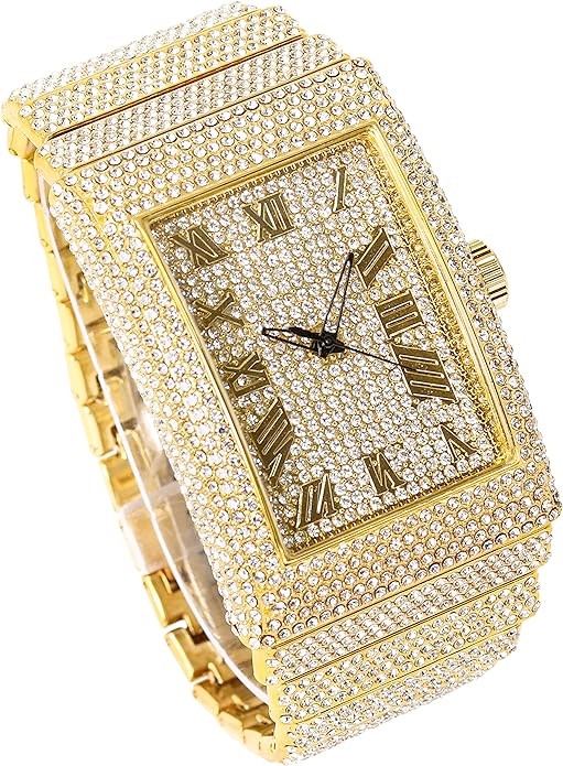 Men's Rectangle Chandelier Watch and Staggered Bracelet 40mm Gold - Fully Iced Band