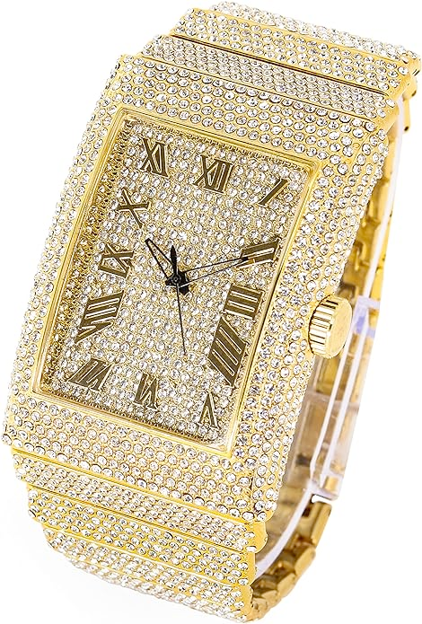 Men's Rectangle Chandelier Watch and Staggered Bracelet 40mm Gold - Fully Iced Band