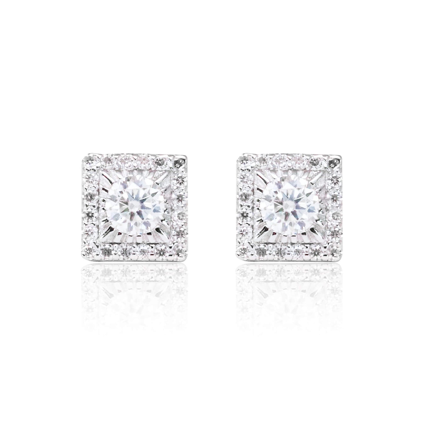 Front view of moissanite cluster earrings with 0.92ct round stones in sterling silver square setting.