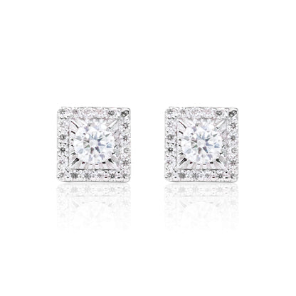 Front view of moissanite cluster earrings with 0.92ct round stones in sterling silver square setting.