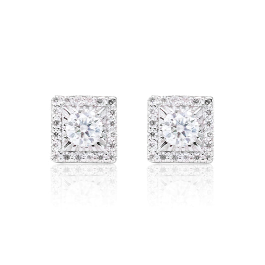 Front view of moissanite cluster earrings with 0.92ct round stones in sterling silver square setting.