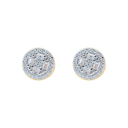 Round Moissanite cluster earrings with baguette and pavé diamonds in sterling silver and gold.