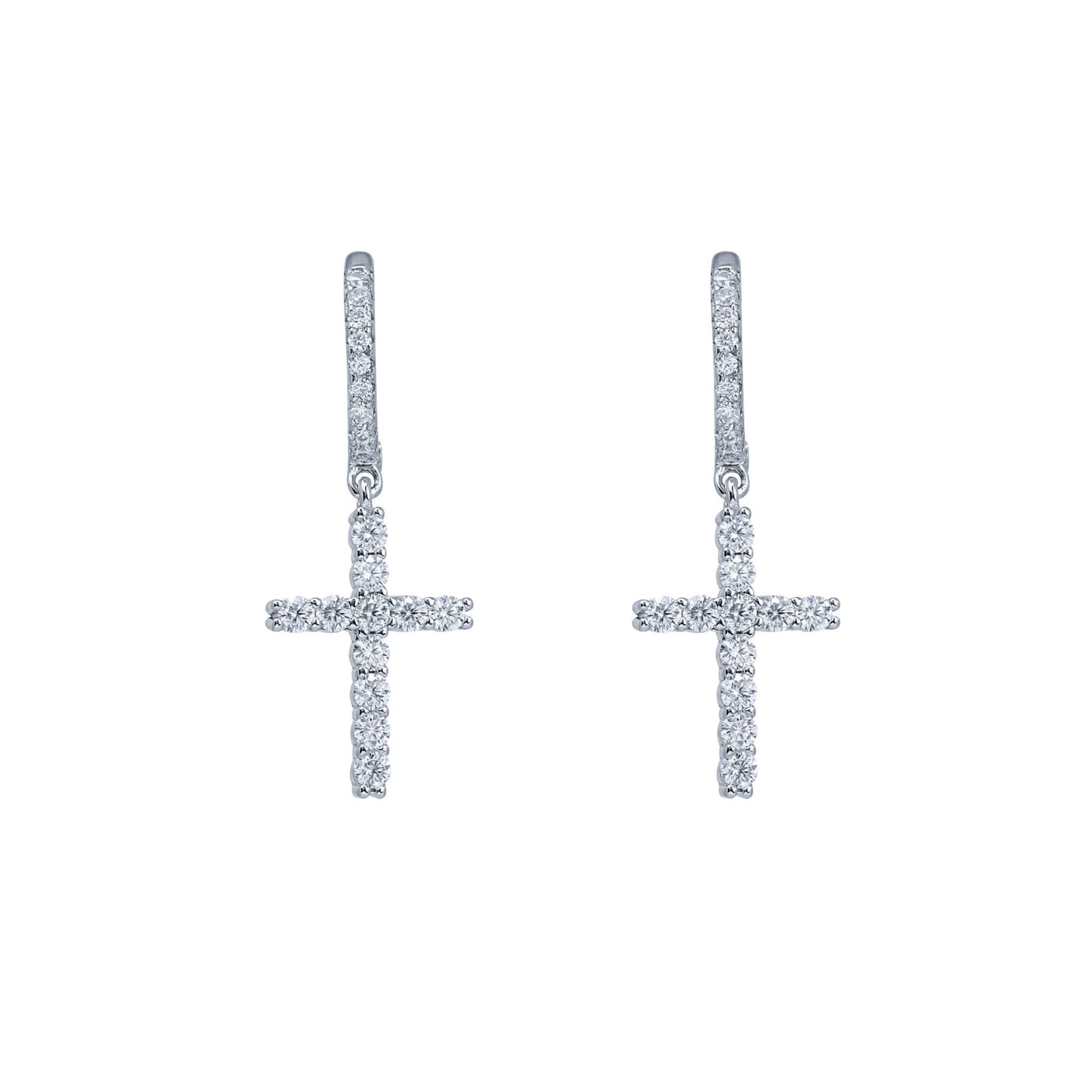 Moissanite cross drop cluster earrings in sterling silver with sparkling round diamonds.