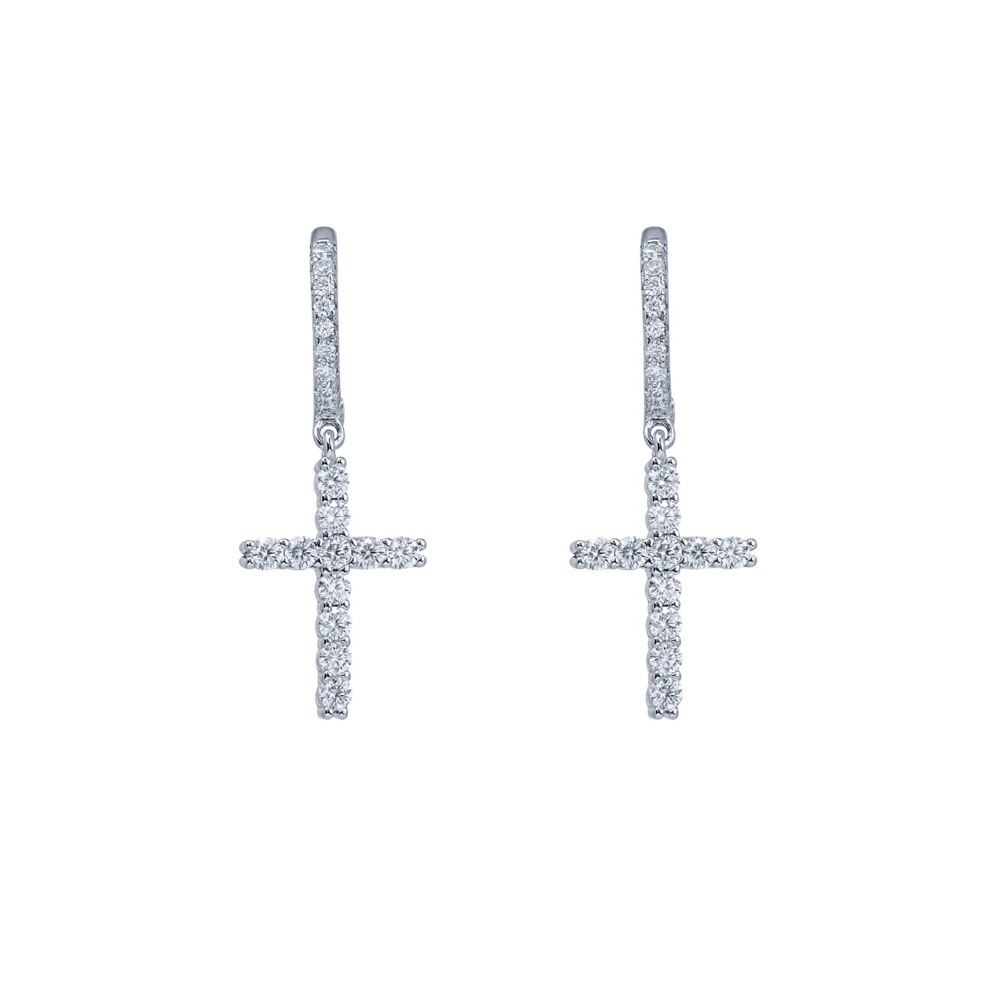 Moissanite cross drop cluster earrings in sterling silver with sparkling round diamonds.