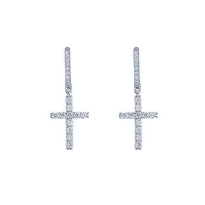 Moissanite cross drop cluster earrings in sterling silver with sparkling round diamonds.