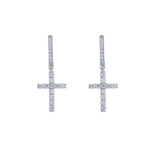 Moissanite cross drop cluster earrings in sterling silver with sparkling round diamonds.