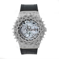 Luxury watch with a black leather strap and silver, diamond-studded face on a white background