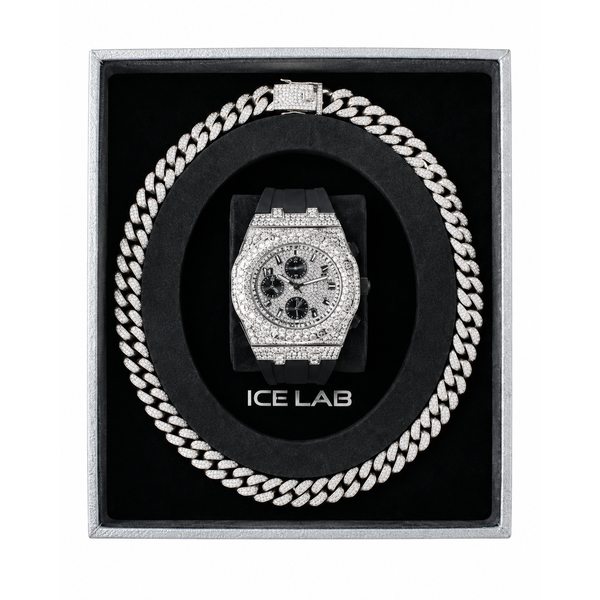 Silver-tone watch and Cuban chain gift set WCH-121-9709B-SB