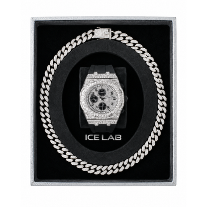 Silver-tone watch and Cuban chain gift set WCH-121-9709B-SB