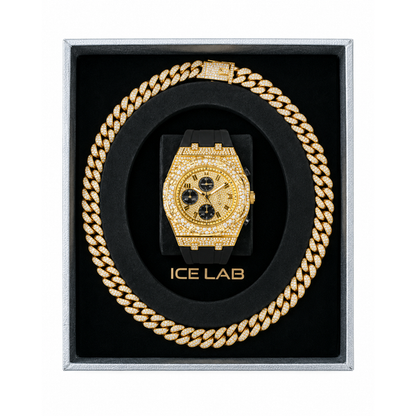 Gold-tone watch and Cuban chain gift set WCH-121-9709B-SB