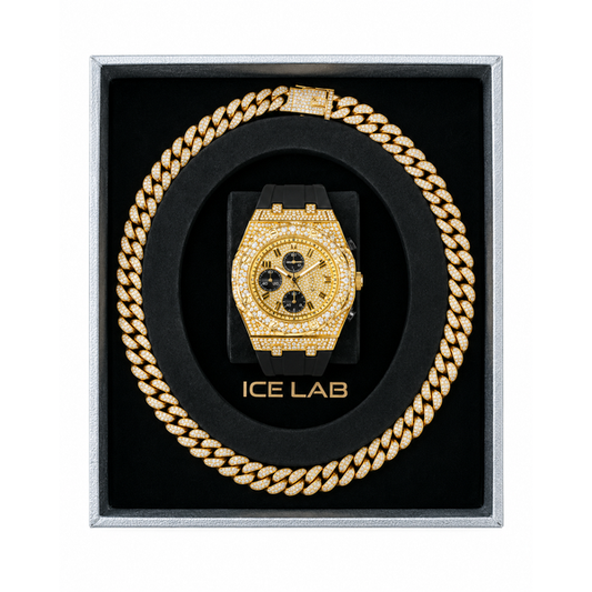 Gold-tone watch and Cuban chain gift set WCH-121-9709B-SB
