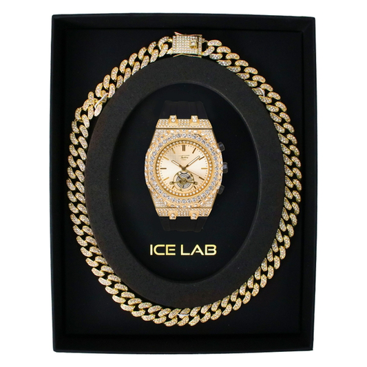 Gold-tone watch and Cuban chain gift set WCH-121-9709E-SB