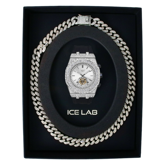 Silver-tone watch and Cuban chain gift set WCH-121-9709E-SB