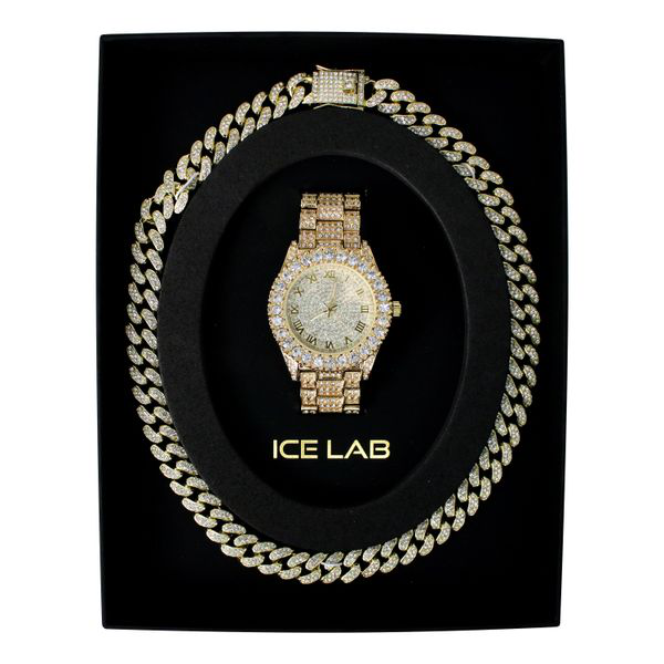 Gold-tone watch and Cuban chain gift set WCH-121