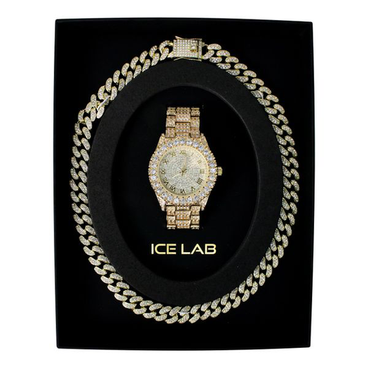 Gold-tone watch and Cuban chain gift set WCH-121
