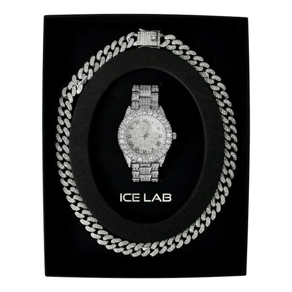Silver-tone watch and Cuban chain gift set WCH-121