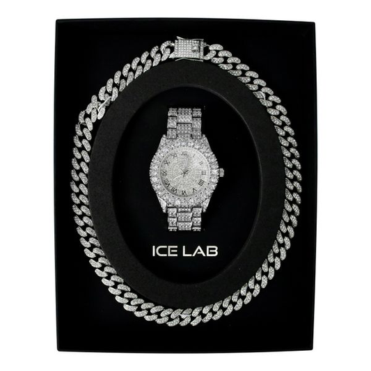 Silver-tone watch and Cuban chain gift set WCH-121