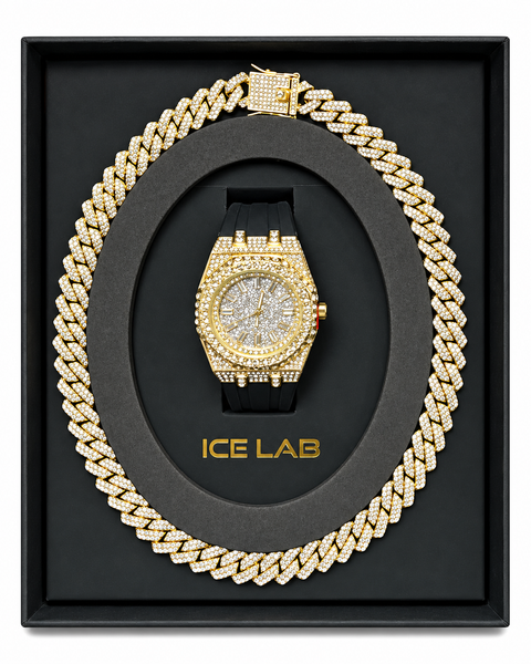 Gold-tone watch and Cuban chain gift set WCH-206-9993B-SB