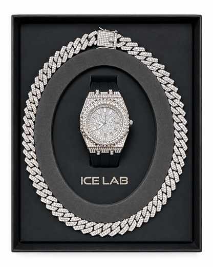 Silver-tone watch and Cuban chain gift set WCH-206-9993B-SB