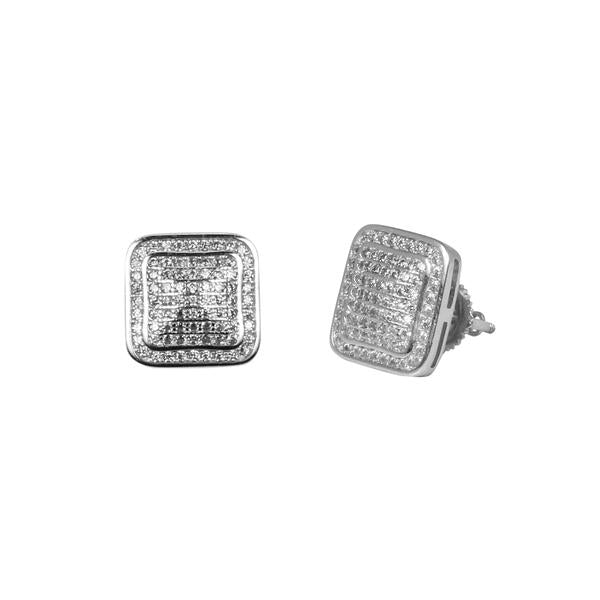 11mm Iced Square Cluster Earrings Silver
