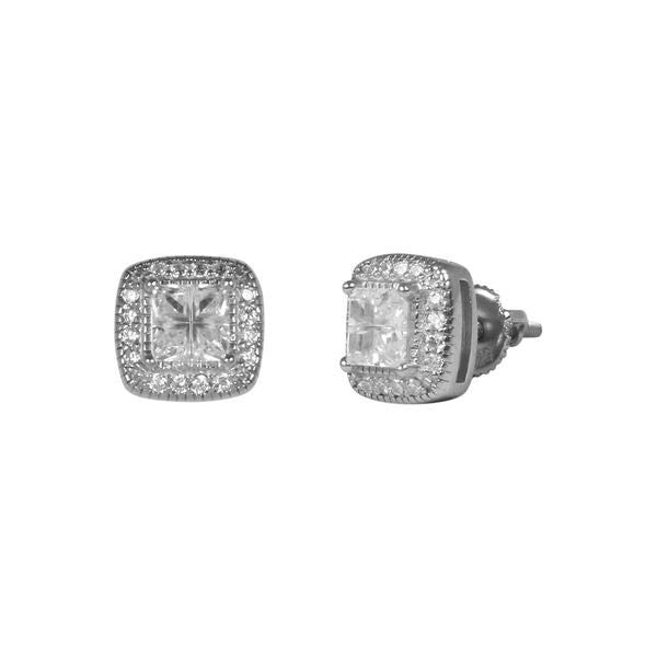 9mm Iced Square Solitaire Earring Silver