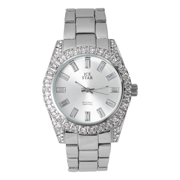 Women's Round Iced Out Watch 41mm Silver - Baguette Dial