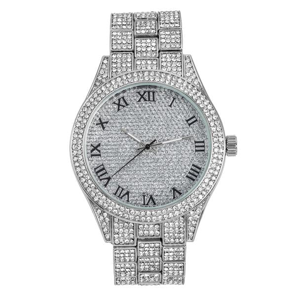 Men's Round Iced Out Watch 43mm Silver - Roman Dial
