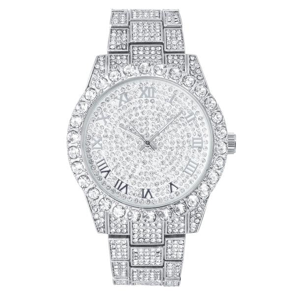 Men's Round Iced Out Watch 45mm Silver - Roman Dial