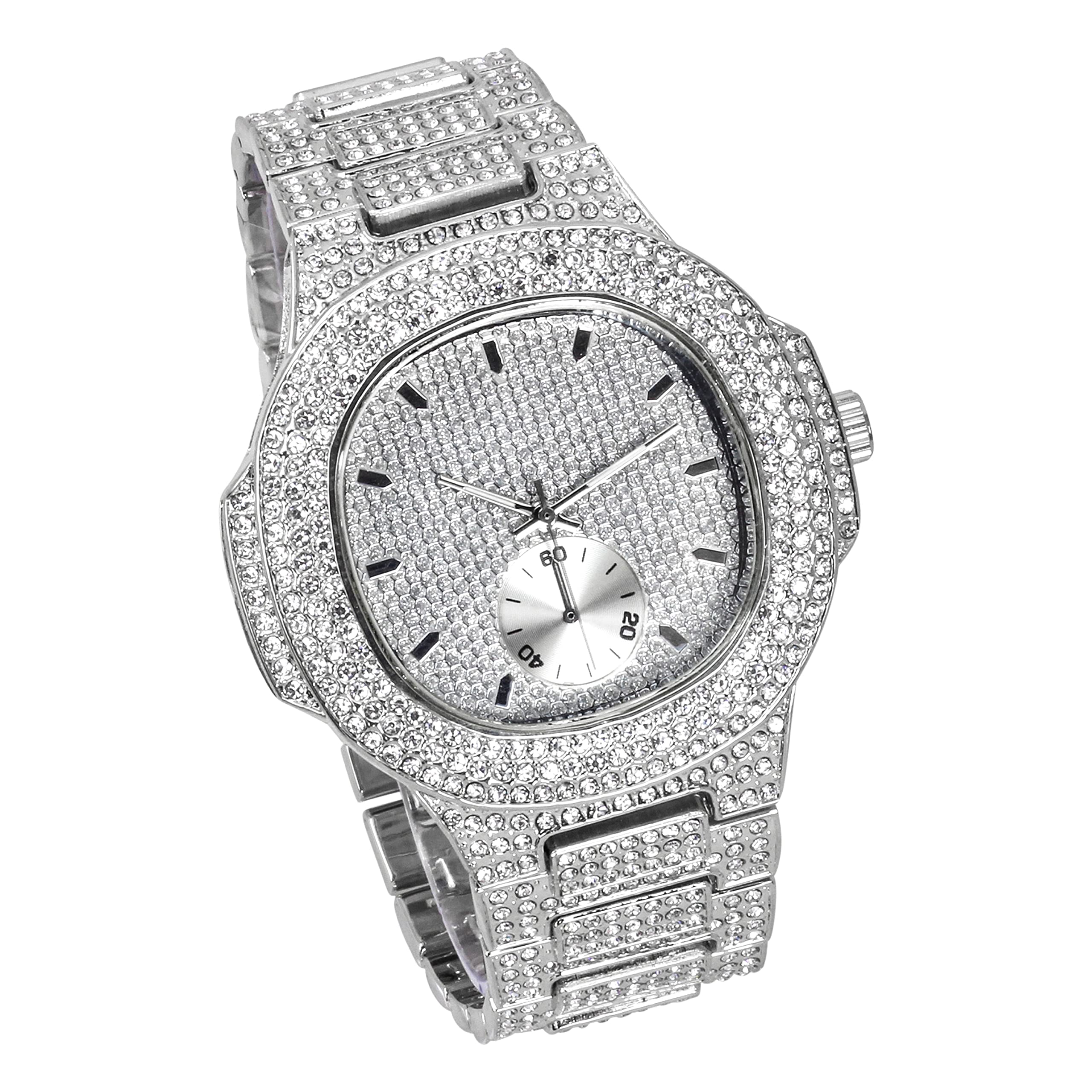Men's Iced Out Watch 50mm Silver - Square Dial