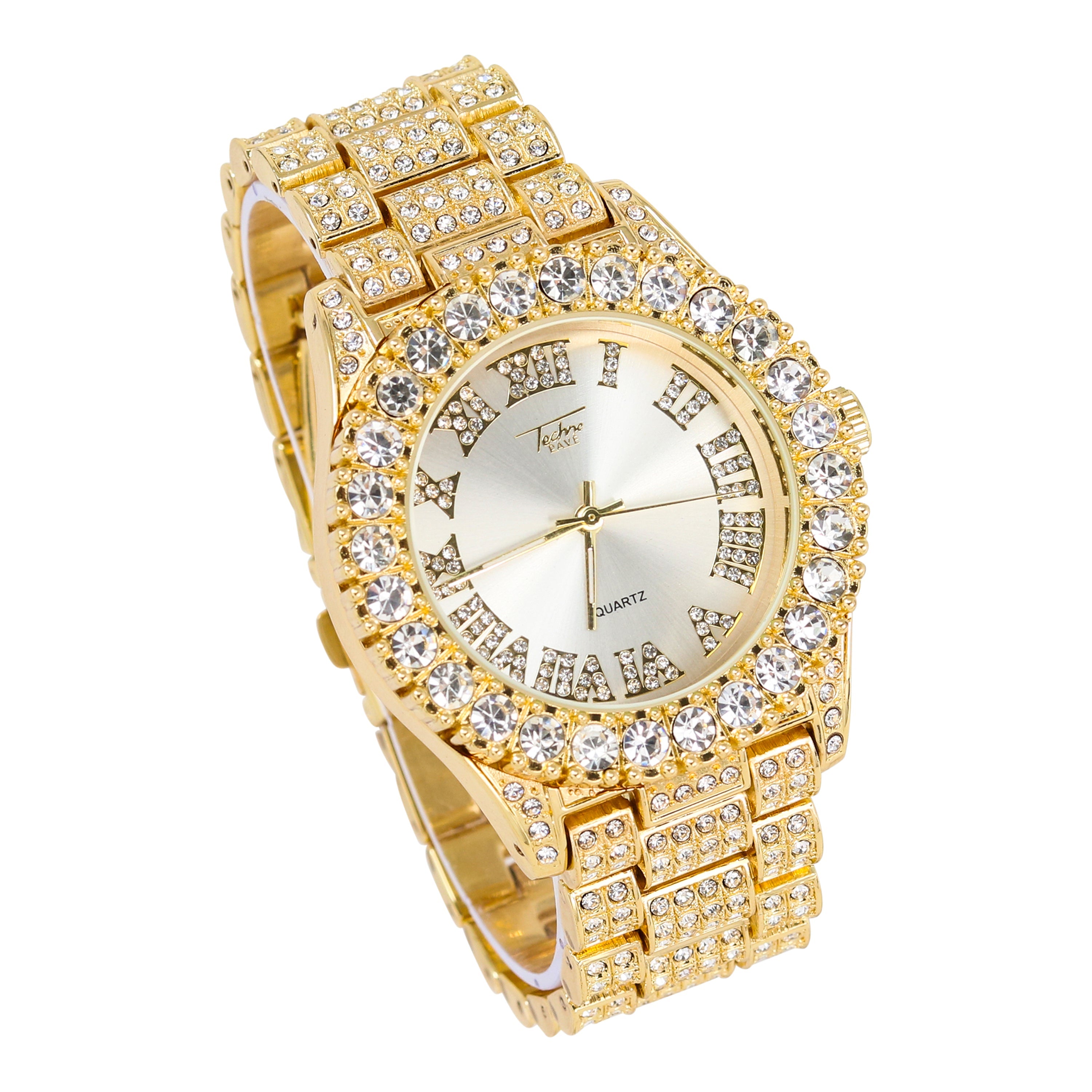 Men's Round Iced Out Watch 44mm Two-Tone - Roman Dial