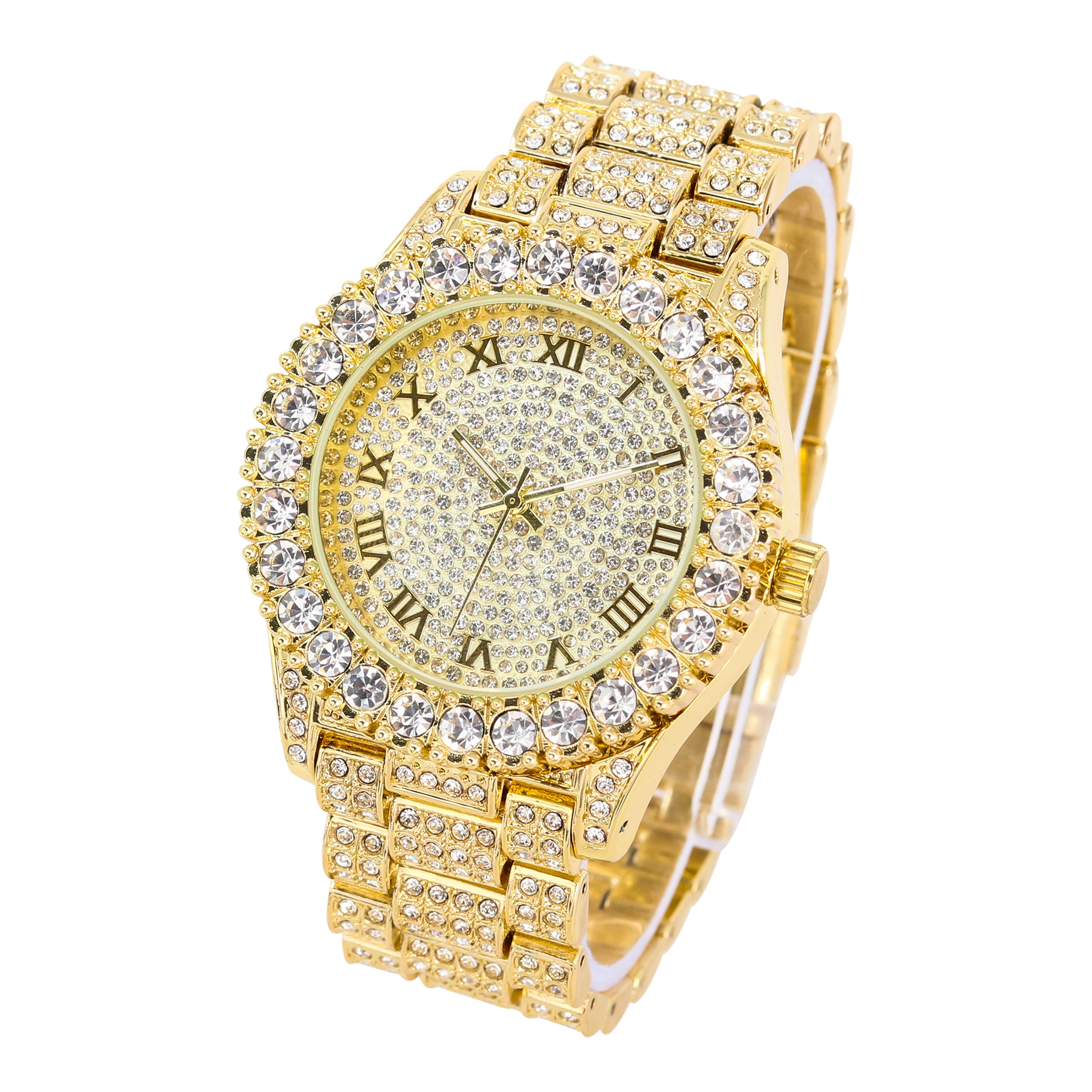 Men's Round Iced Out Watch 44mm Gold - Roman Dial