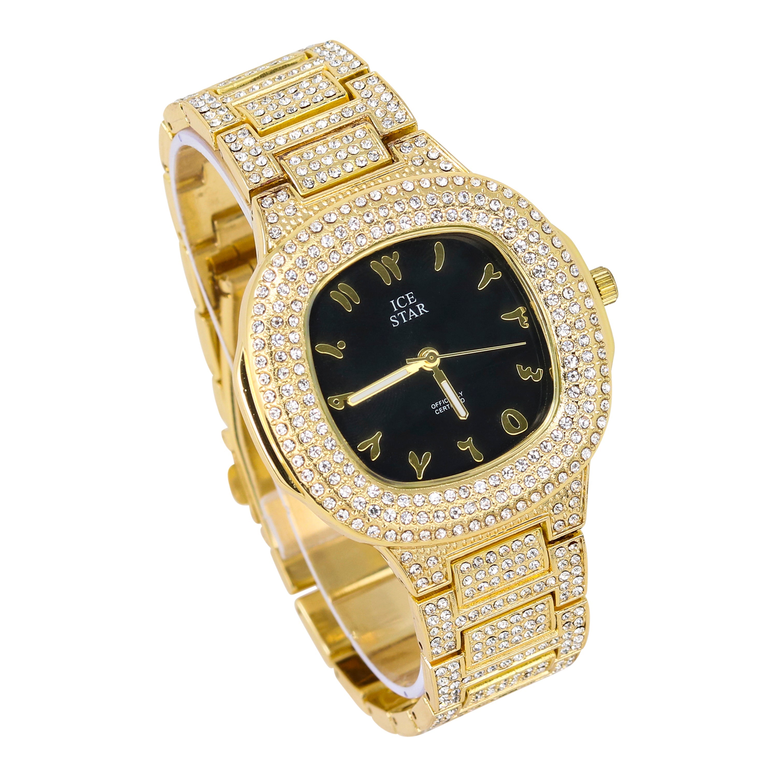 Mens Square Iced Out Watch 43mm Gold - Arabic Dial