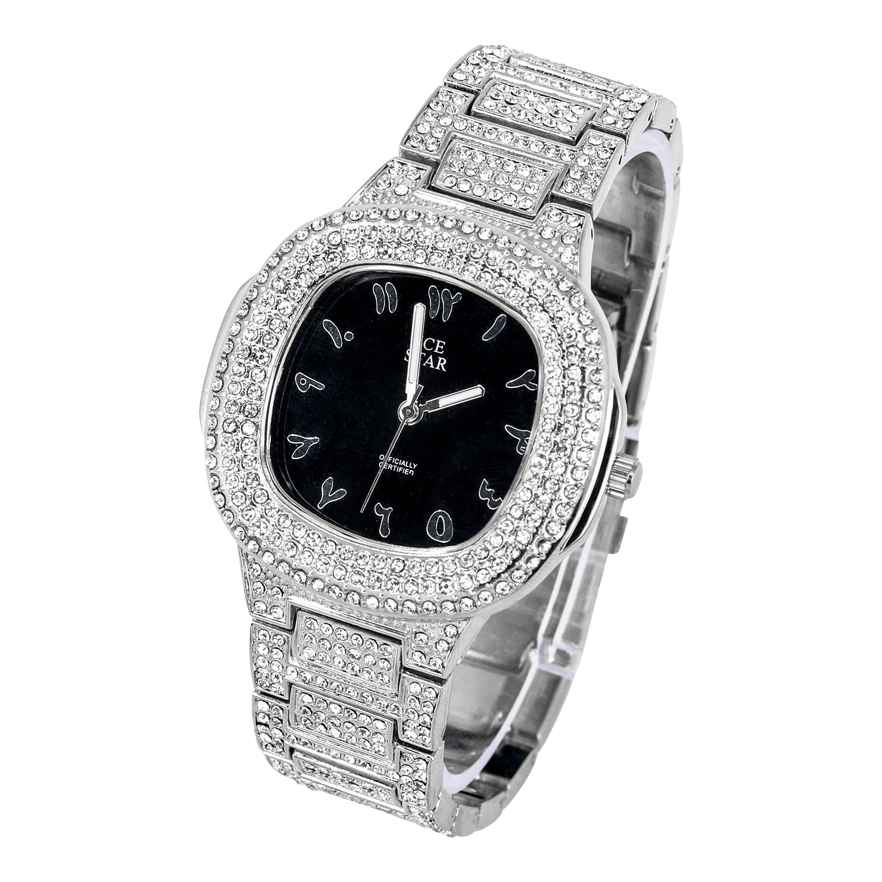Mens Square Iced Out Watch 43mm Silver - Arabic Dial