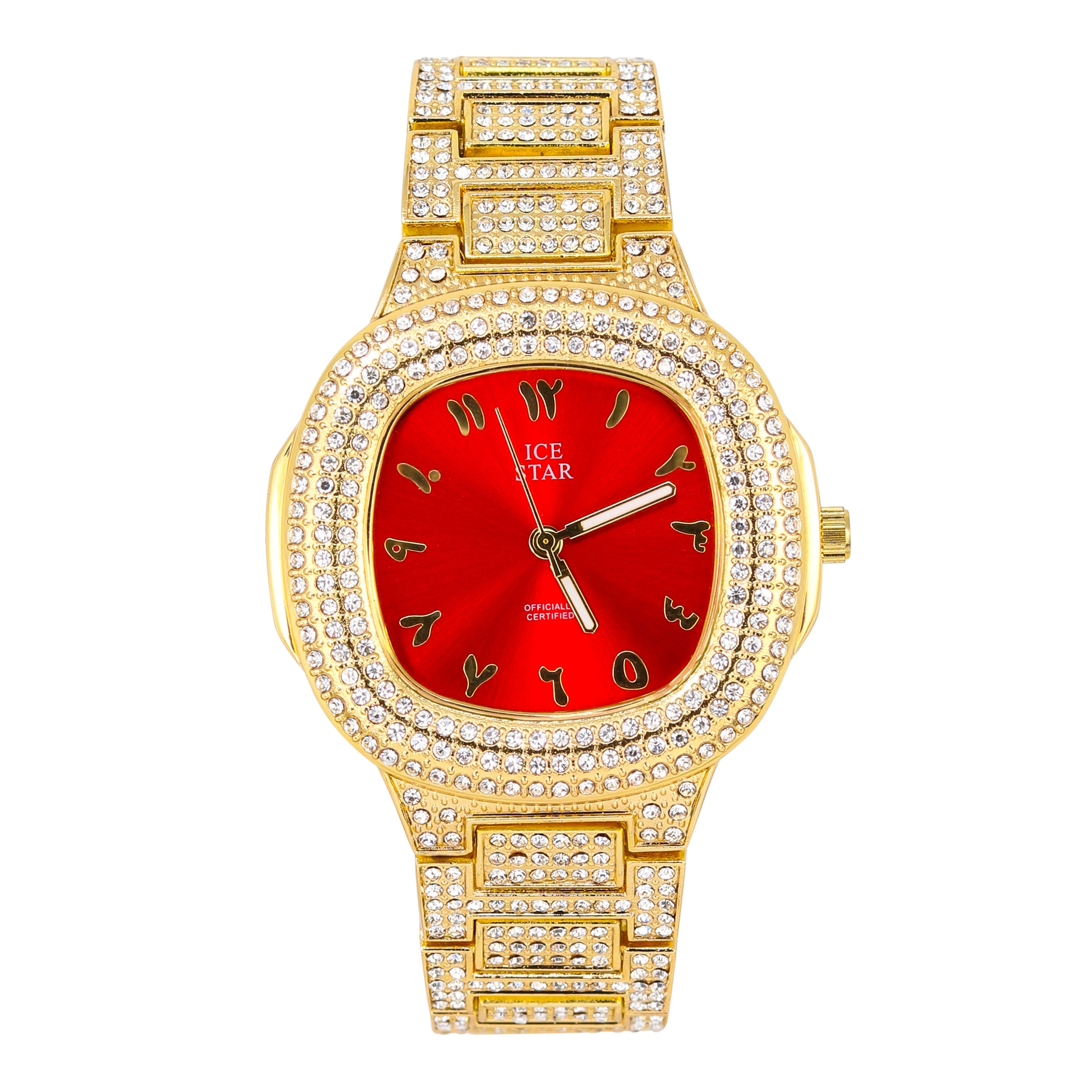Mens Square Iced Out Watch 43mm Gold - Arabic Dial