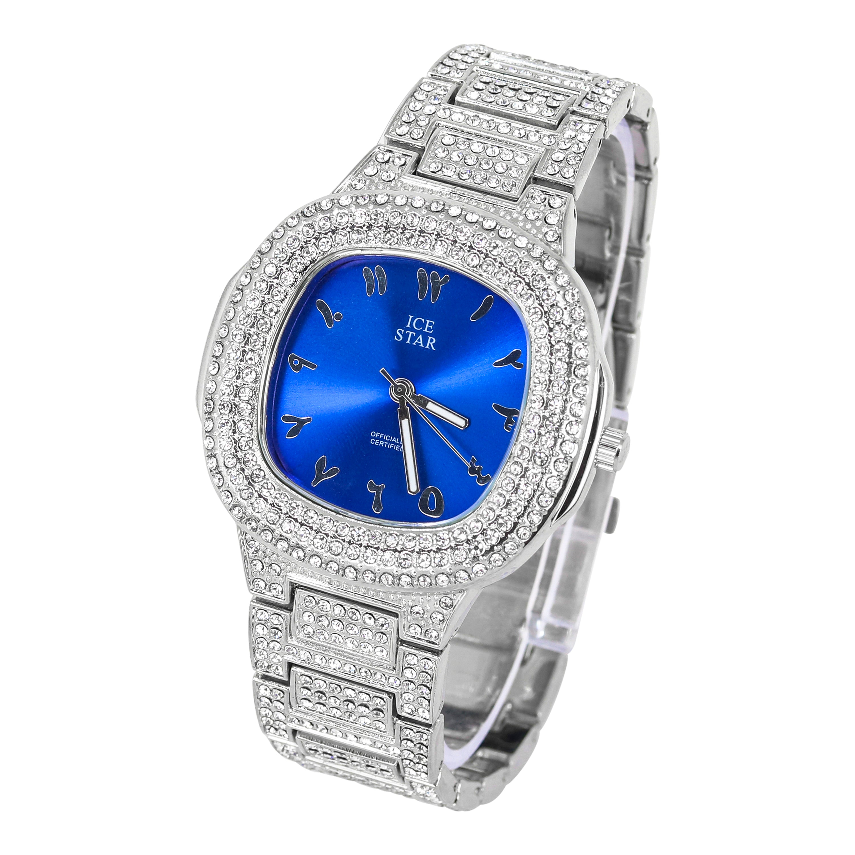 Mens Square Iced Out Watch 43mm Silver - Arabic Dial