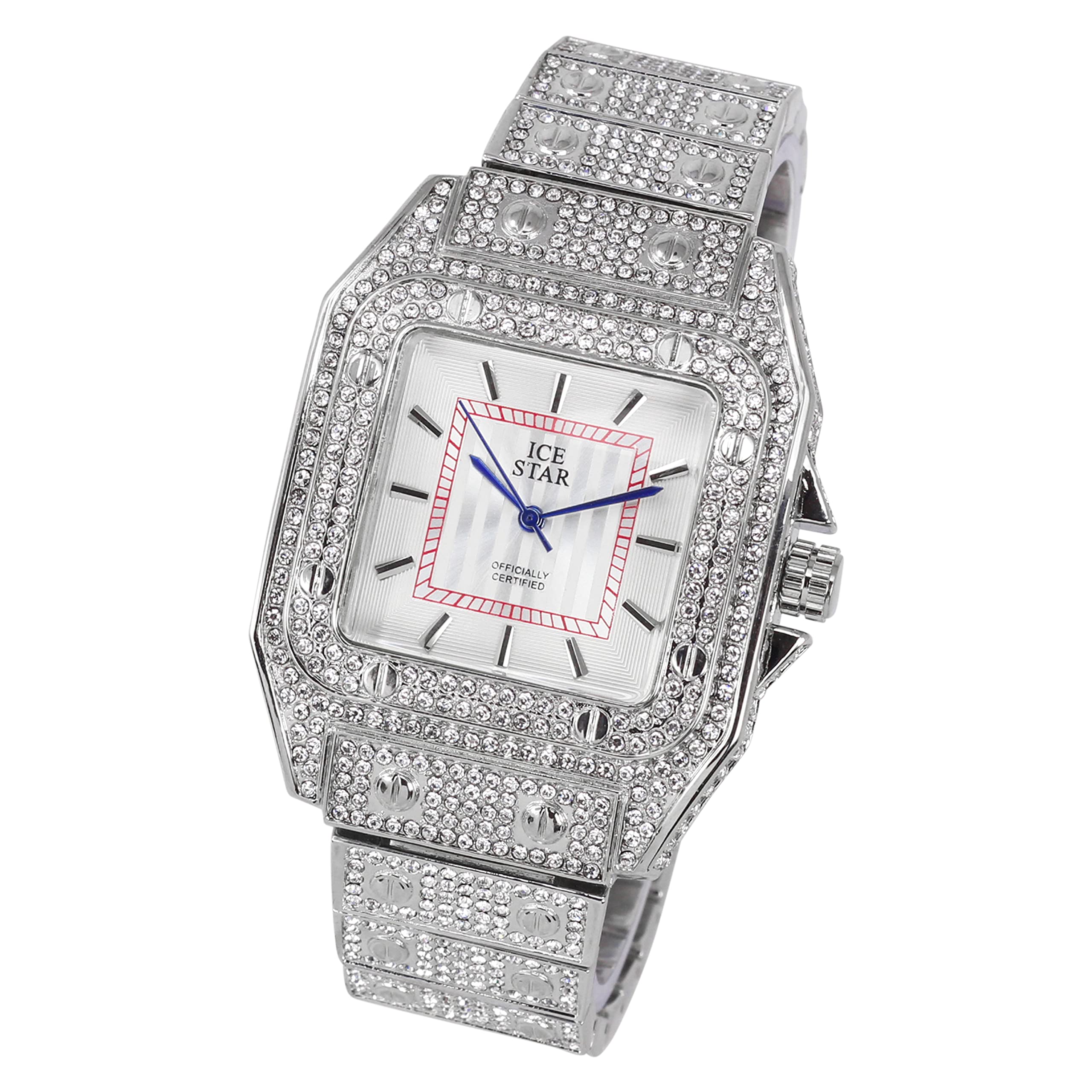 Men's Square Dial Watch 40mm Silver - "Fully Iced Band"