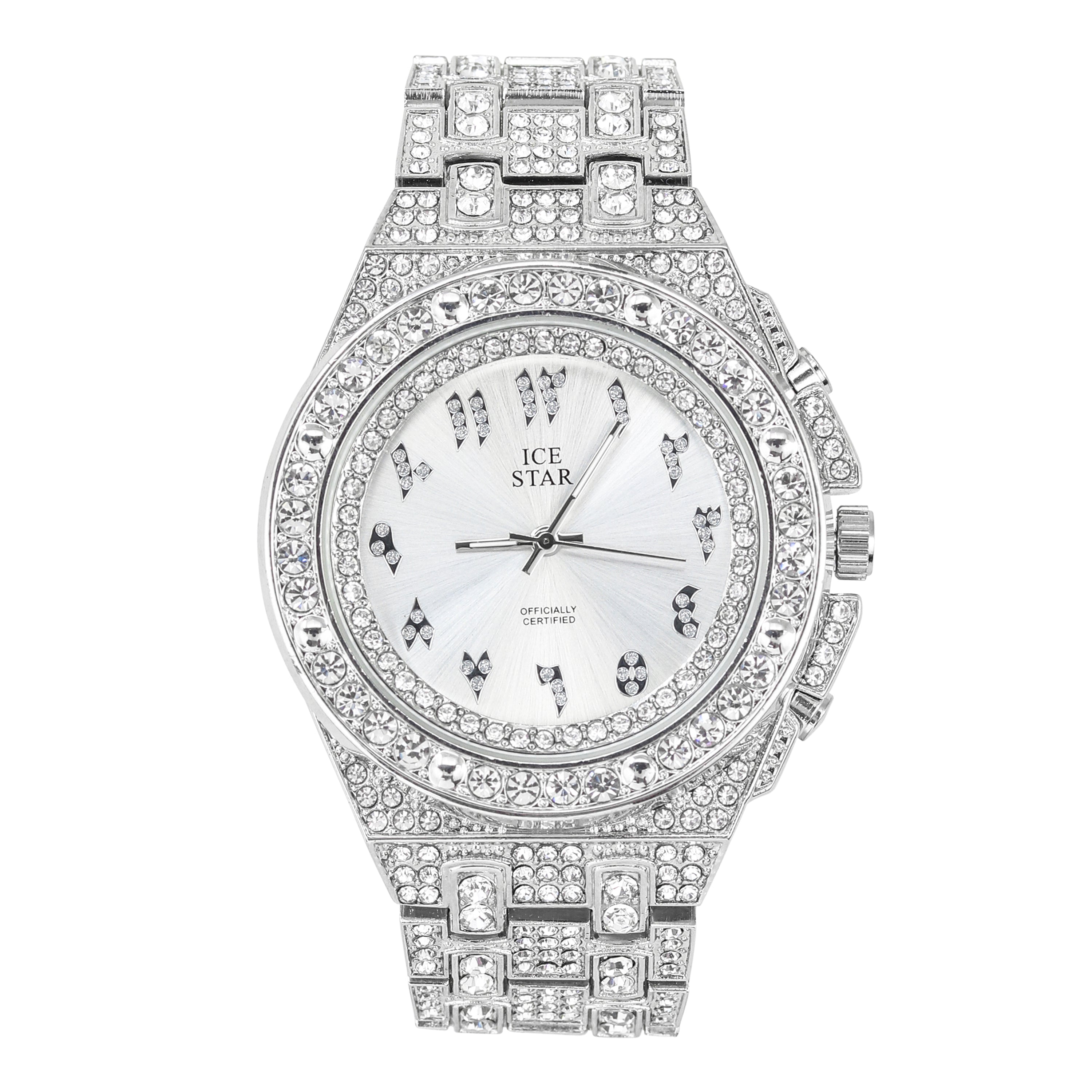 Men's Round Iced Out Watch 45mm Silver - Arabic Dial