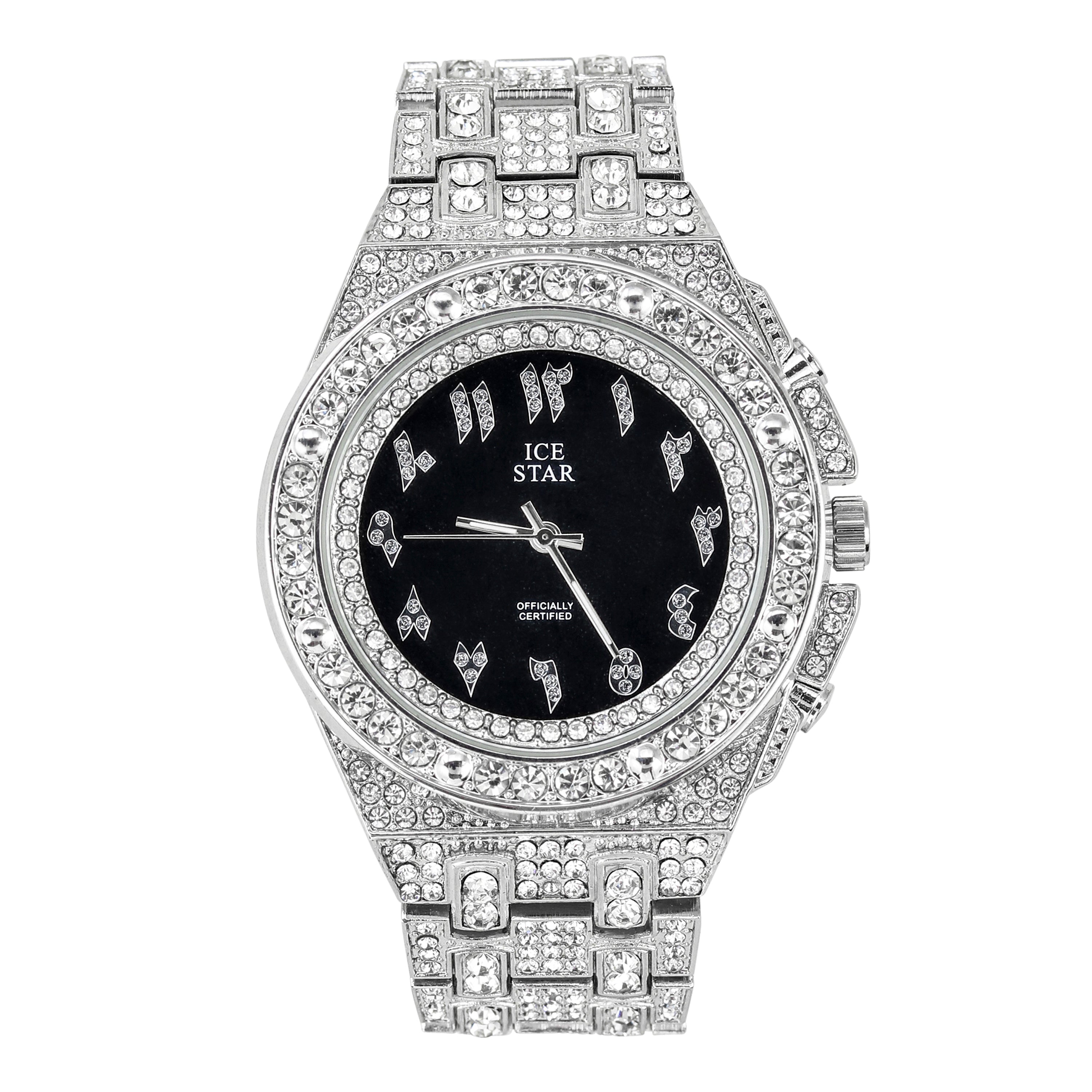 Men's Round Iced Out Watch 45mm Silver - Arabic Dial
