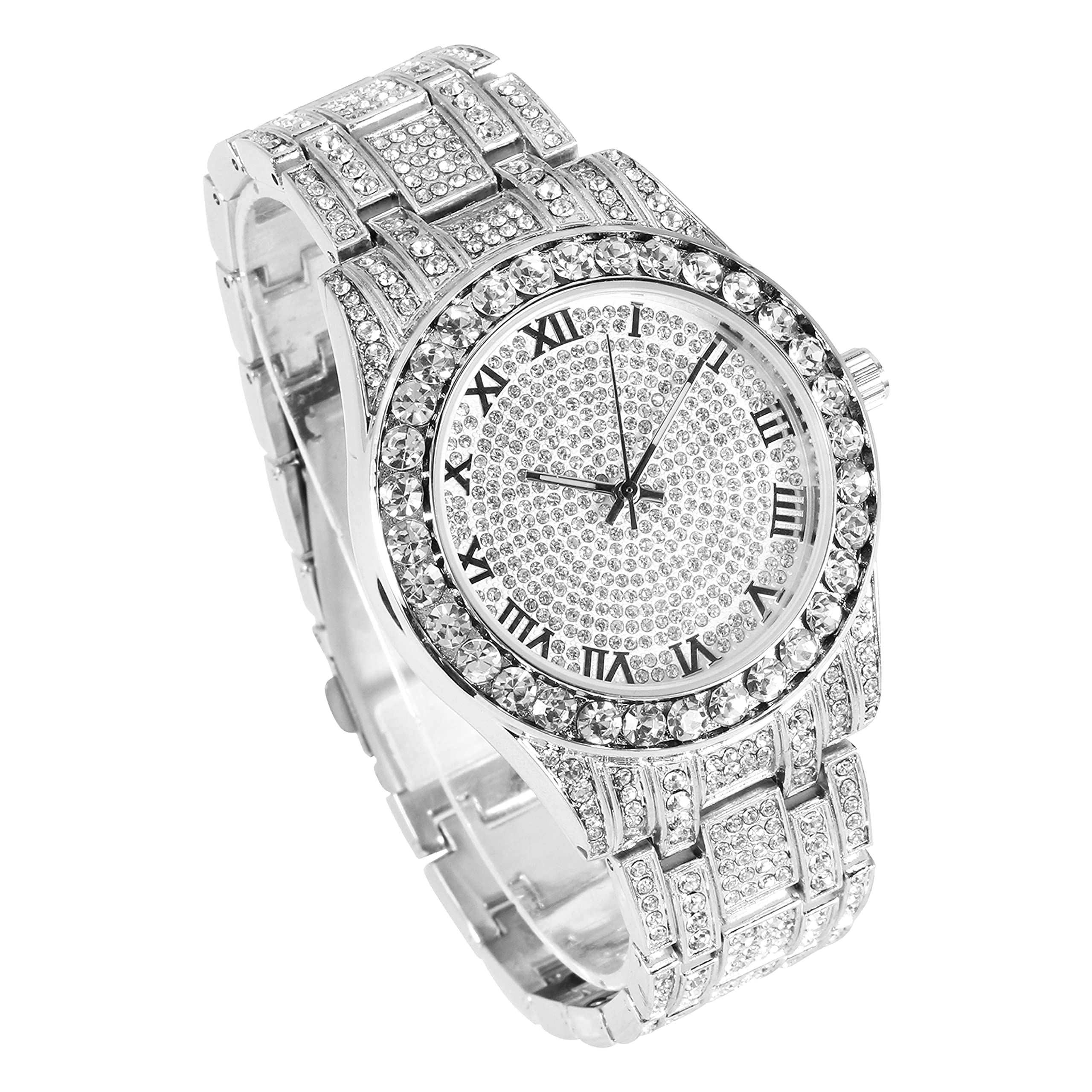 Women's Round Iced Out Watch 40mm Silver - Roman Dial