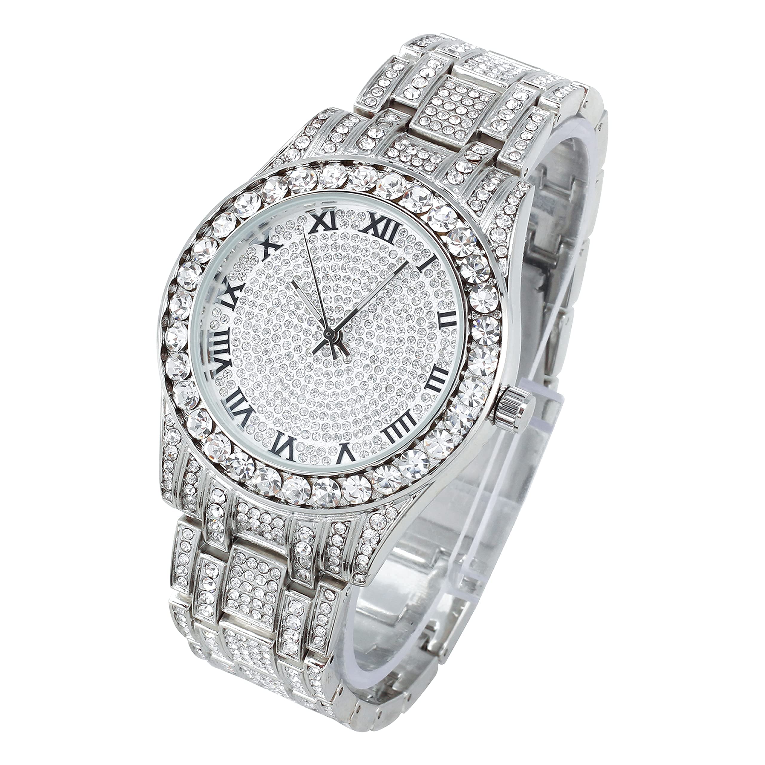 Women's Round Iced Out Watch 40mm Silver - Roman Dial