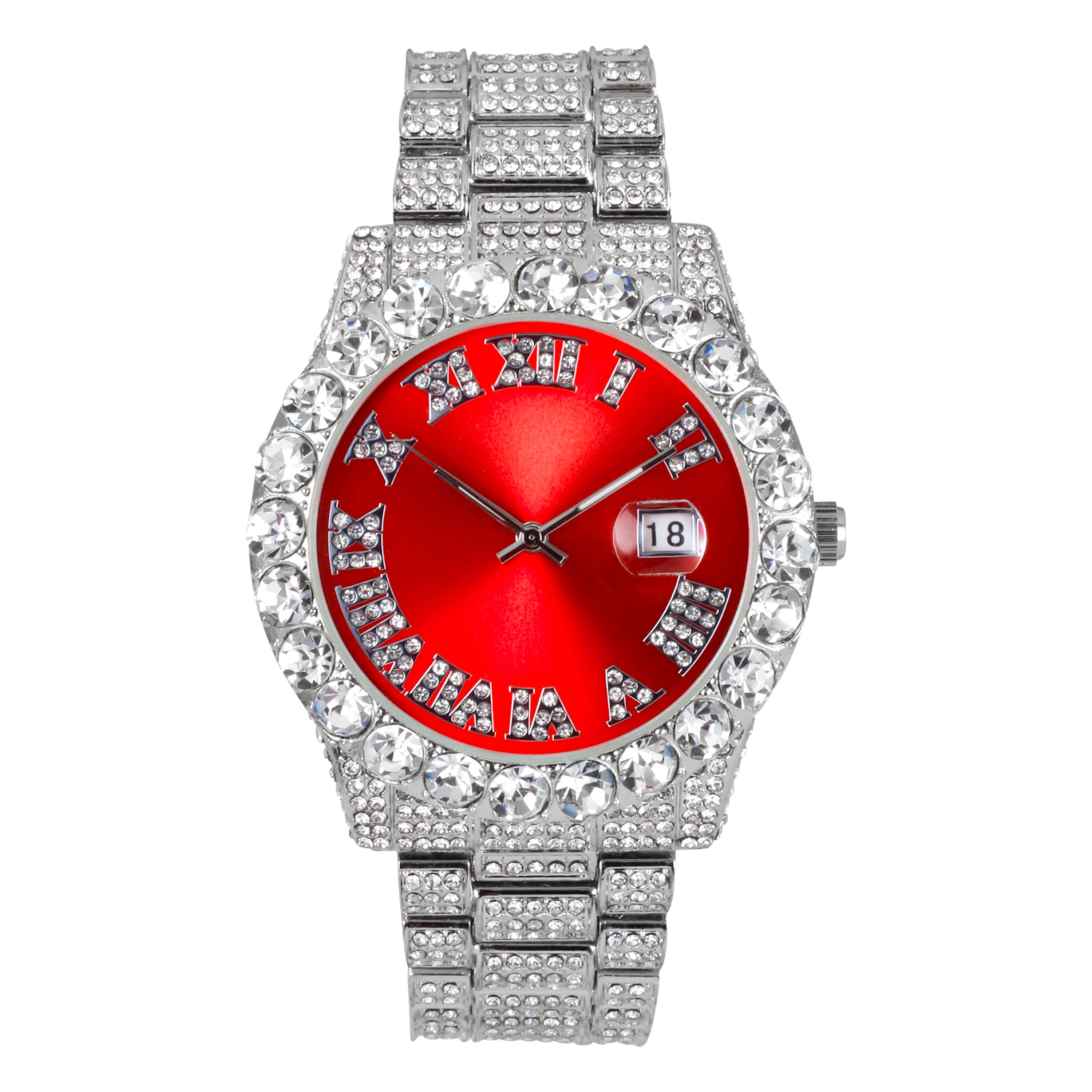 Men's Round Iced Out Watch 42mm Silver - Roman Dial
