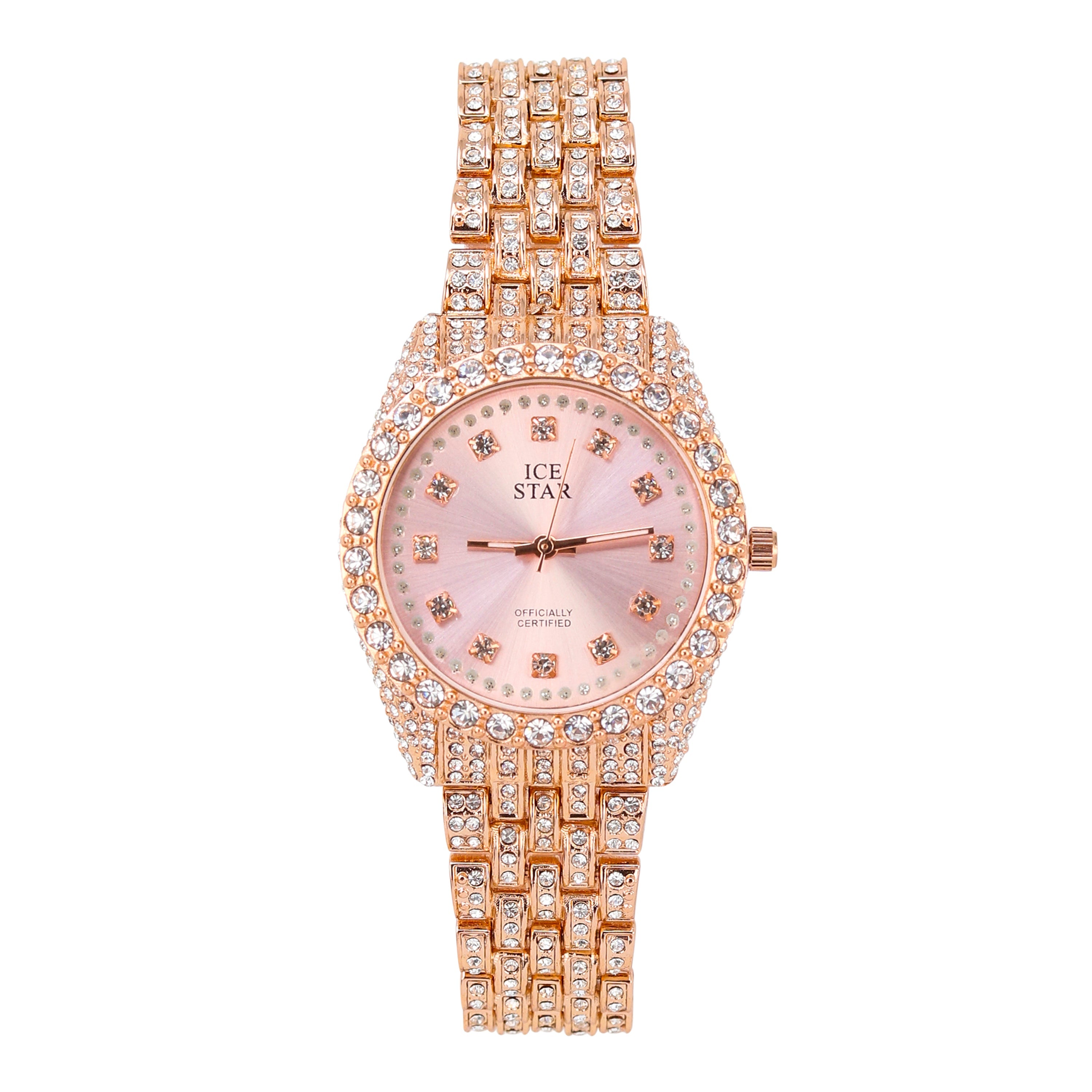 Women's Round Iced Out  Watch 32mm Rose Gold