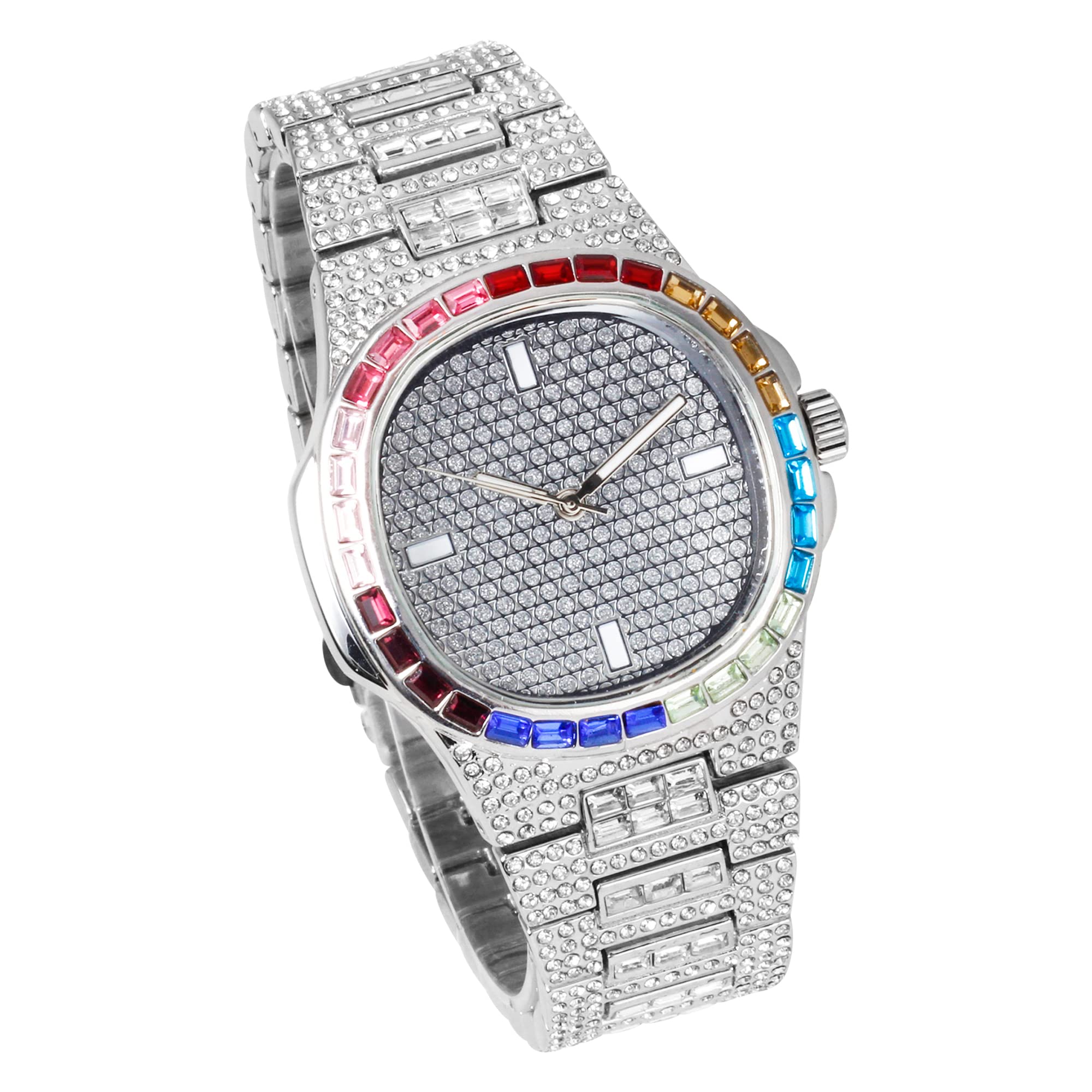 Men's Square Dial Watch 42mm Silver - "Fully Iced Band"