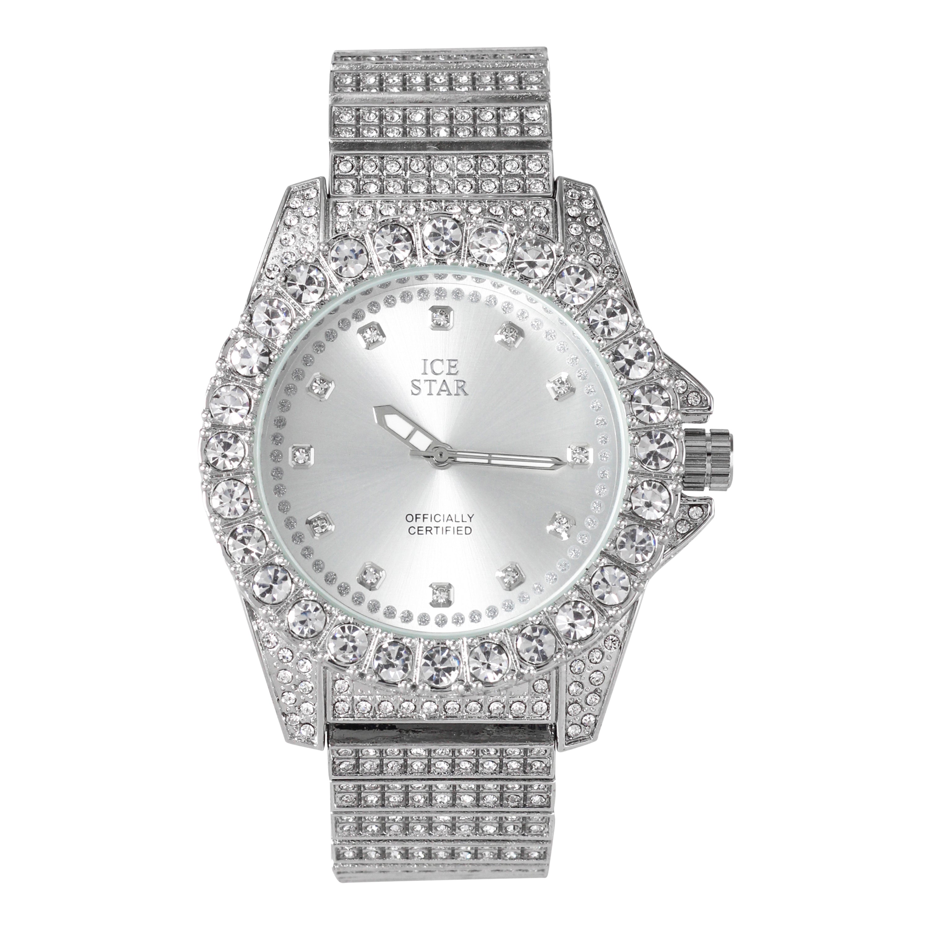 Men's Round Iced Out Watch 45mm Silver - "Fully Iced Band"