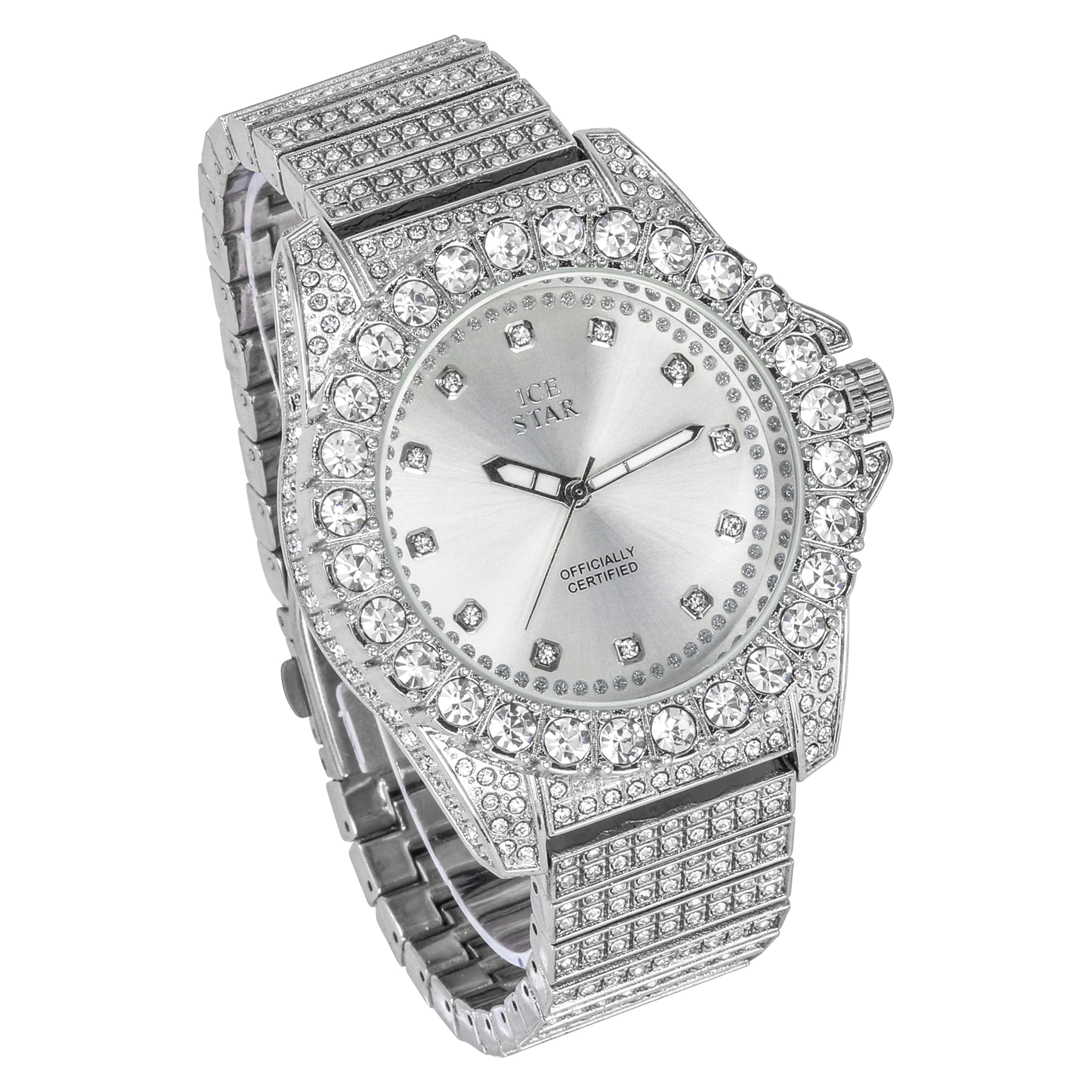 Men's Round Iced Out Watch 45mm Silver - "Fully Iced Band"